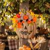 Decorative Pinecones for Fireplace Wooden Pumpkin Halloween Door Sign with LED Lights, Artificial Floral Hanging Illuminated Garland Lights