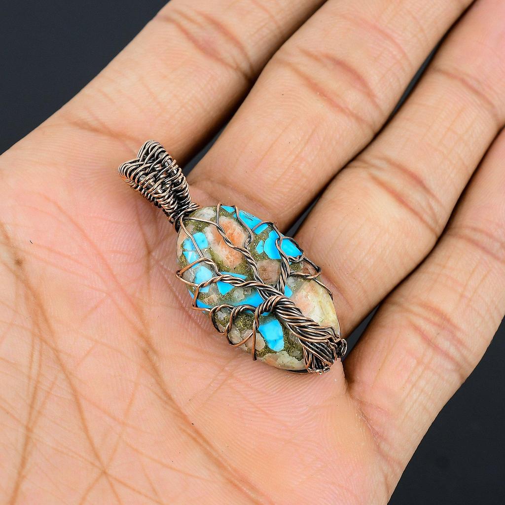 Blue Copper Turquoise Pendant, 999 Copper Wire Wrapped Pendant Handmade Gemstone Jewelry, Gifts For Wife Brand New Pendant