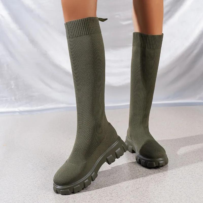Fashion Thick Sole Knitted Long Boots for Women Fashion Elastic Socks Shoes Boots Over Knee Round Toe Low Heels Botas De Mujer 2024