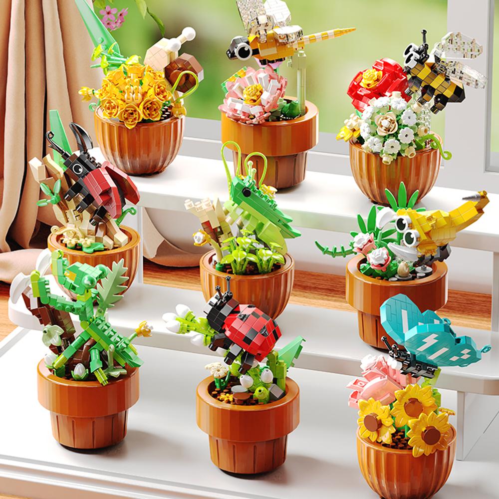 Insect Flower Pot Building Blocks Plastic Flowers Micro Blocks Potted Plant Home Decor Mother's Day New Year Gifts