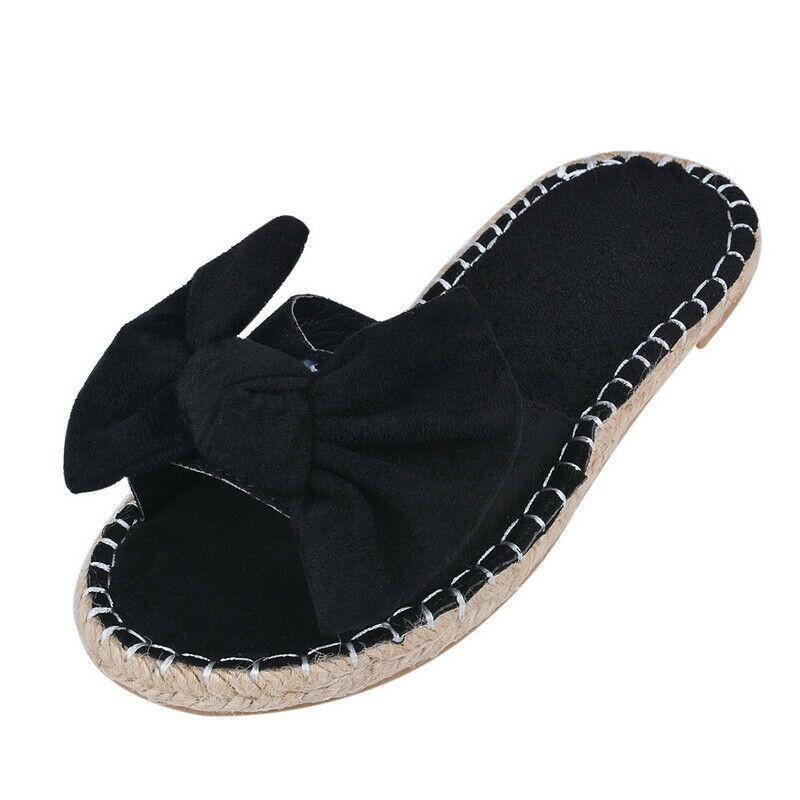 Elegant Women Slip On Sandals Bow Flat Mule Espadrille Shoes Summer Sliders
