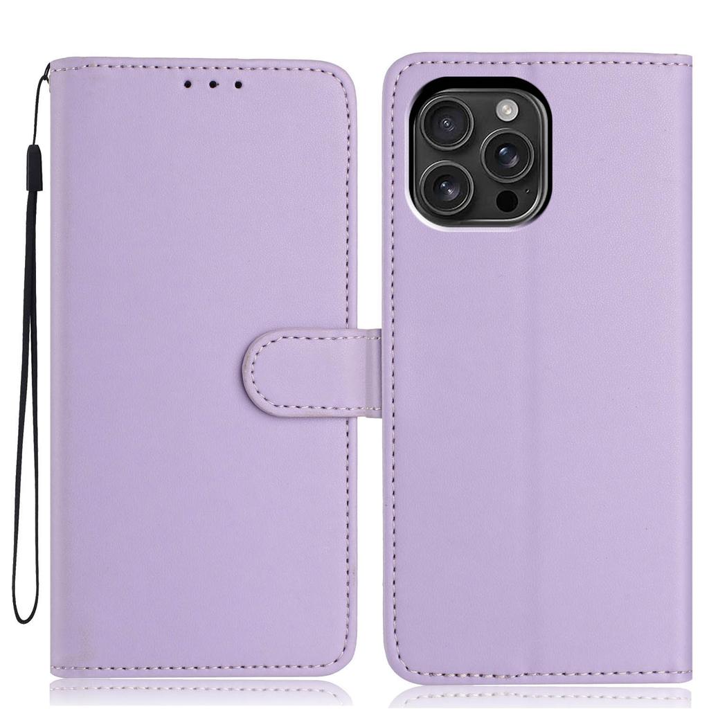 For iPhone 16 Pro Max Wallet Case with Strap/Multiple Card Slots Solid Color Leather Stand Phone Cover