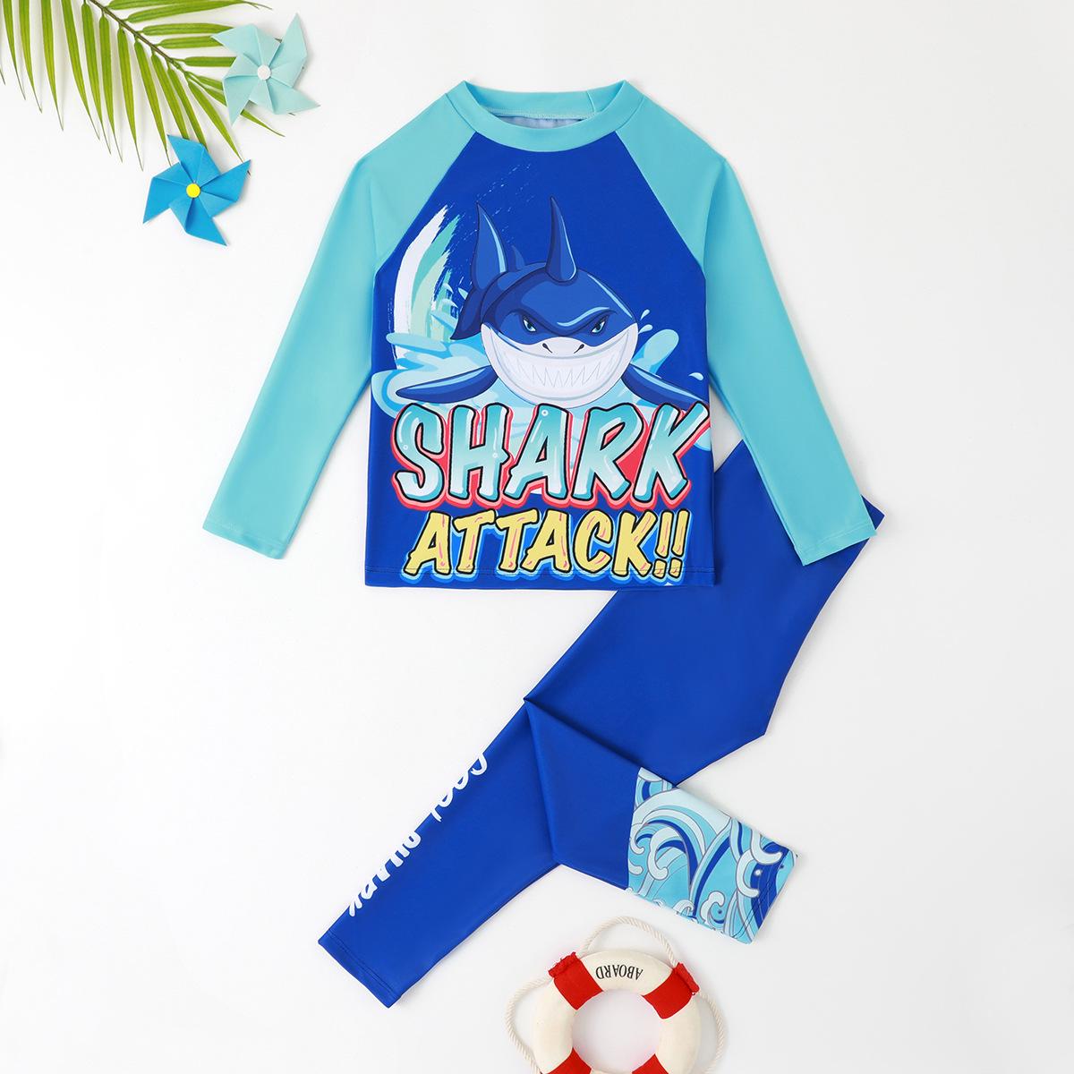 

Детский купальник из двух частей с длинным рукавом и принтом акулы - стиль 2025 7Y синий