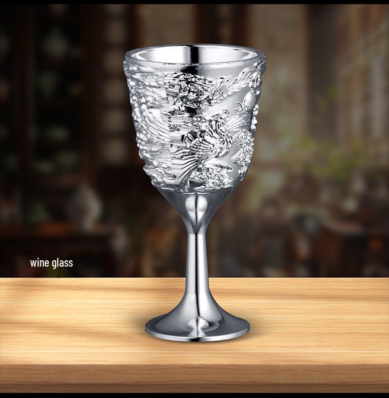 Dragon & Phoenix Wine Set: Silver Pot, Silver-Plated & Gold-Plated Cups, Five-Piece Set in Leather Box.