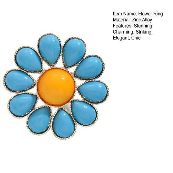 Flower Ring for Women Blue Pedals Large Boho Floral Ring Big Blooming Flower Zinc Alloy Ring for Wedding Holiday Jewelry Gifts