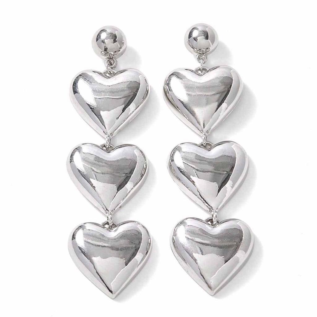 European-American Cross-Border Metallic Heart Pendant Stud Earrings with Exaggerated Design and Bright Texture