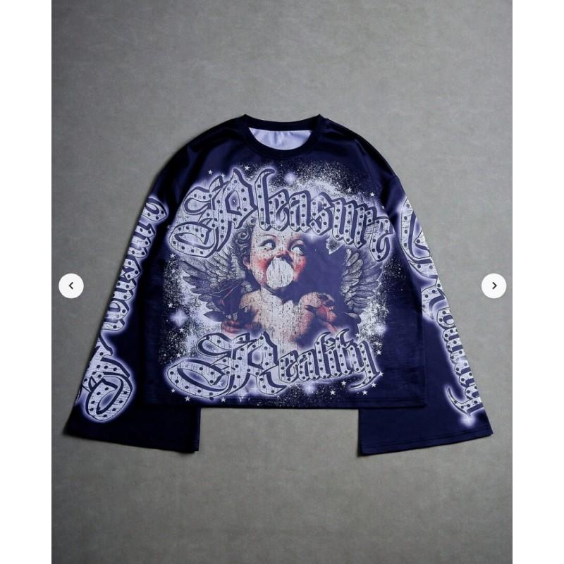 Vintage Cupid Print Gothic Sweatshirt Long Sleeve Flared Top Y2K Streetwear
