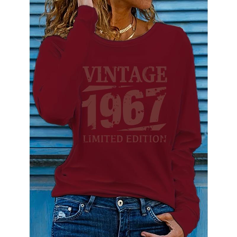 Women's Spring and Autumn Fashion Casual VINTAGE 1967 Letter Printed Round Neck Long Sleeve T-shirt Top