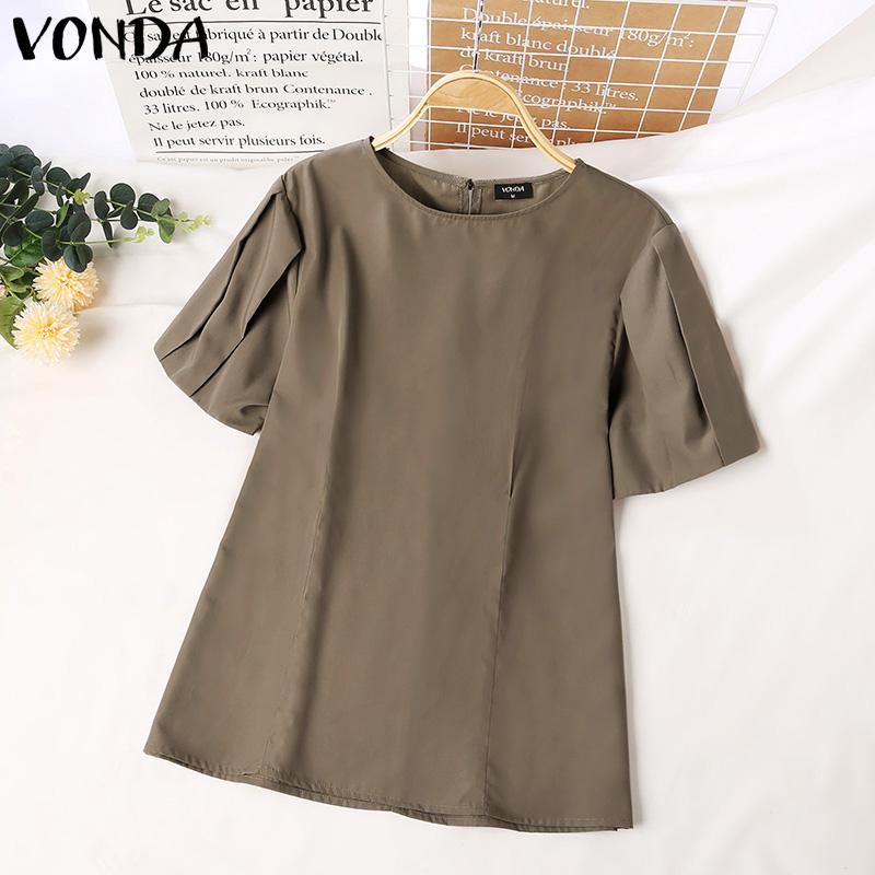 

Летние женские футболки VONDA с ​​пышными рукавами и круглым вырезом, сплошной цвет