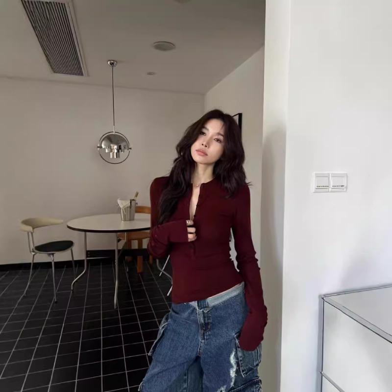 Spice Girl Sweet Sa Wind Long Sleeve T-Shirt Women's Autumn Solid Color New Slim Short Neck Button Top