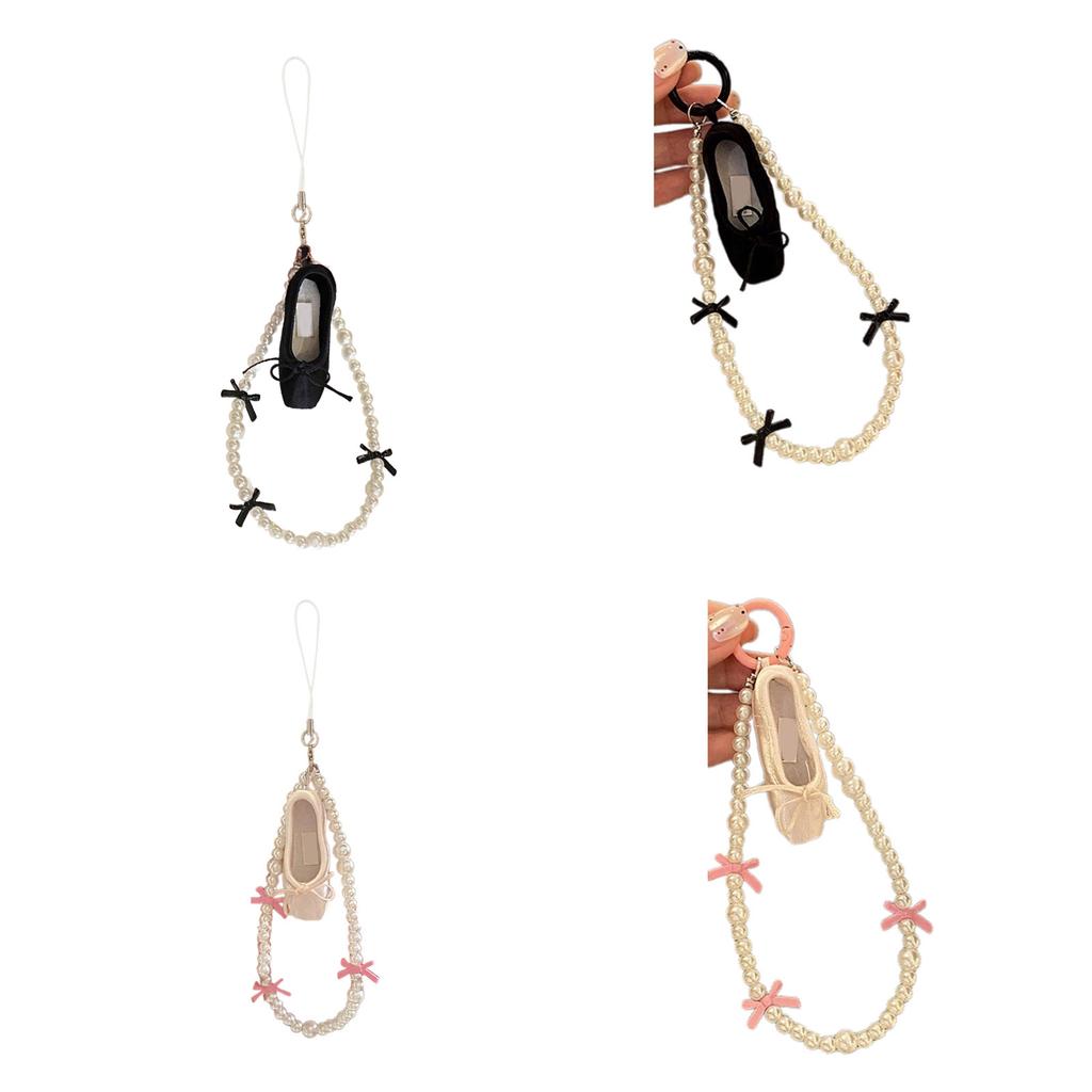 Ballet Shoes Charm Keychain Pendant Sweet Cute Bowknot Pearl Beaded Phone Chain Hanging Ornament Keyring Backpack Decors
