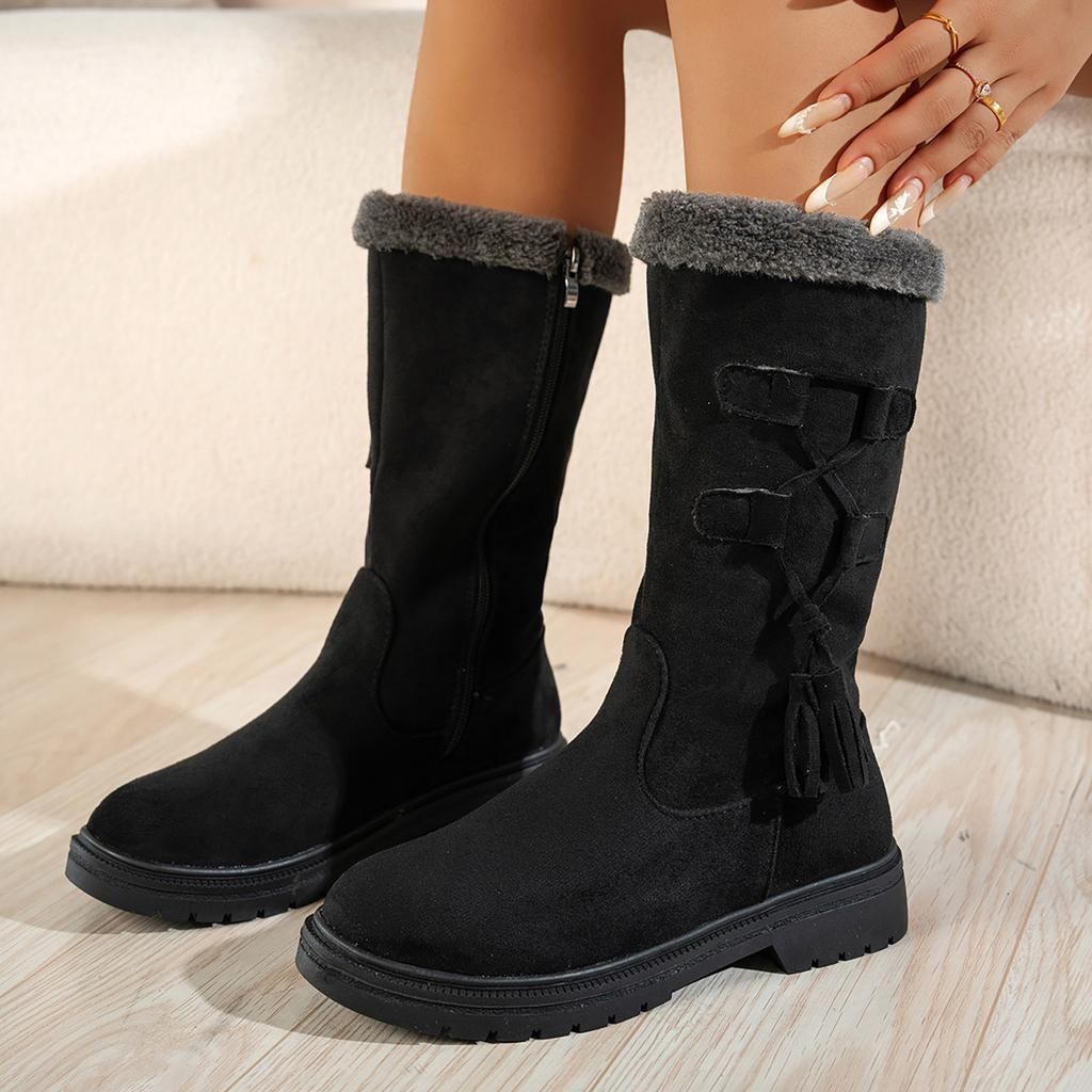 Women's Fashionable Casual Fleece Lined Thick Warm Versatile Everyday Mid Calf Boots Leather Boots for Women Mid Calf