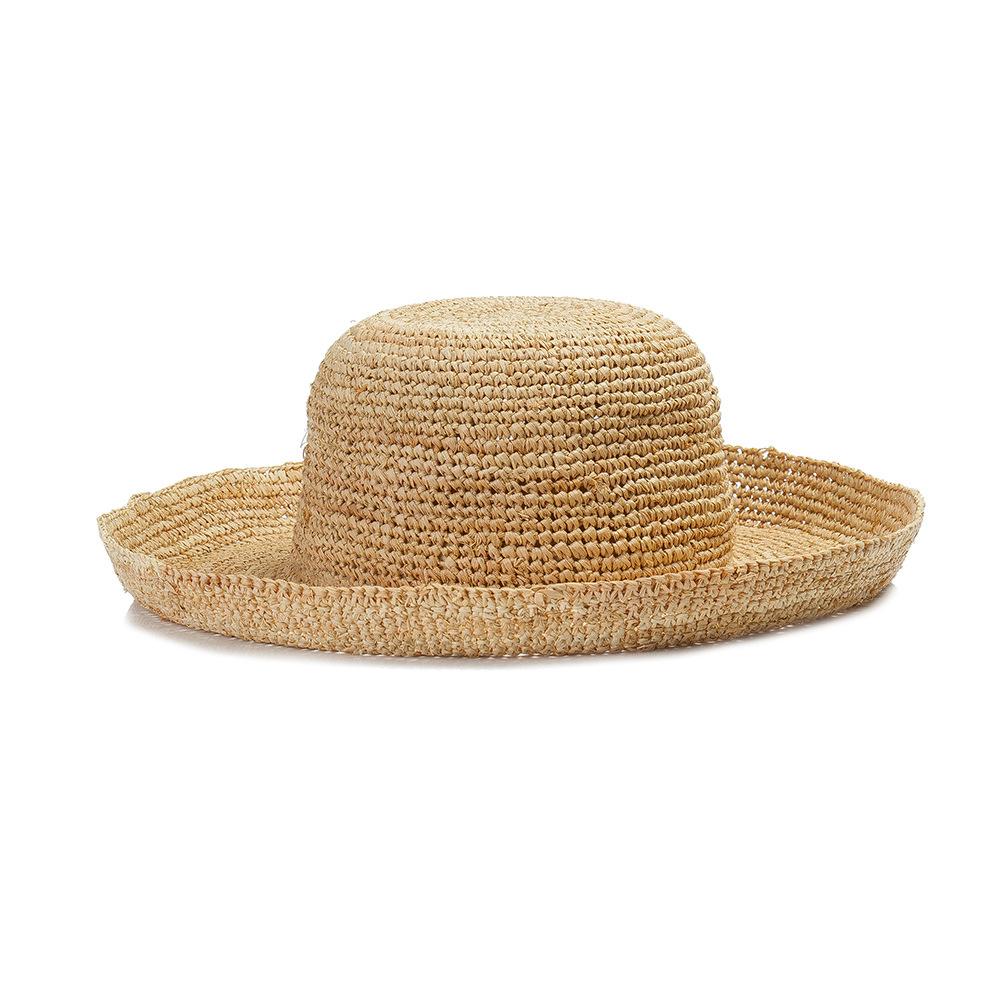 Spring and Summer New Foldable Dome Big Eaves Lafite Straw Hat Monochrome Plain Weave Spot Sunshade Outdoor Travel Trendy Hat