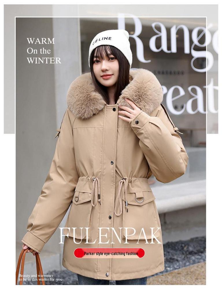 Vielseitiger Damen-Winterparka mit abnehmbarem Futter und Pelzkragen, tailliert, fleecegefüttert, dicker Baumwollmantel.