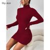 Vestido Feminino Vento 2024 Vermelho Vinho Moda Temperamento Slim Outono e Inverno Simples Gola Alta Saia
