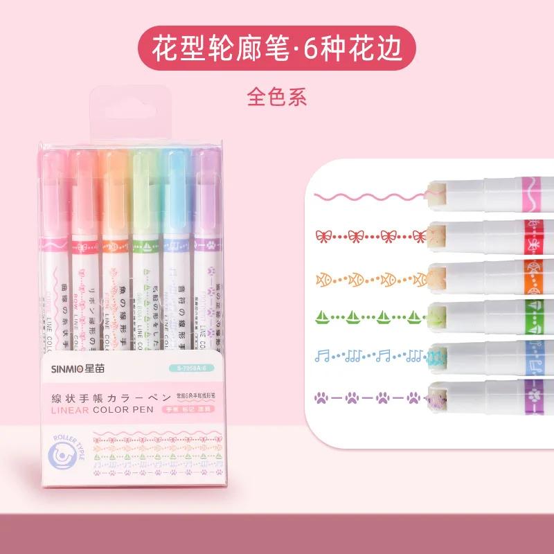 3/6/8pcs Line Shaped Highlighter Roller Tip Curve Liner Marker Pens Kawaii Graffiti Pen Korean Stationery School Office Supplies