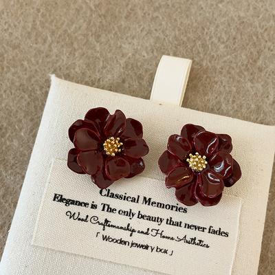 Wine Red Camellia Stud Earrings Women'S Autumn And Winter Light Luxury Retro Fashion Temperament Versatile Earrings