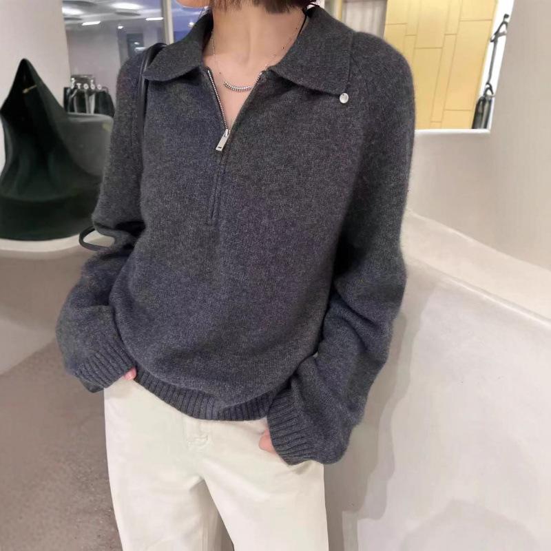 Women's Korean-Style Floral Velvet Knit Polo Sweater, Half-Zip Pullover, Casual Autumn/Winter Fashion.