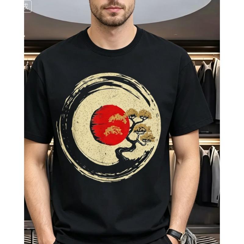 Unisexs Zen Enso Circle Tshirt From Japan A Minimalist Black Shirt Featuring A Red And Golden Sturdy Neck Shirt Japanese Culture