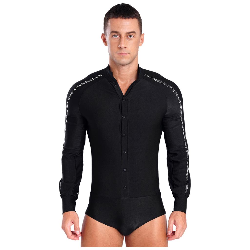 Mens Latin Dance Shirt Raglan Sleeve Stand Collar Button Front Sparkly Rhinestone Leotard Competition Costume