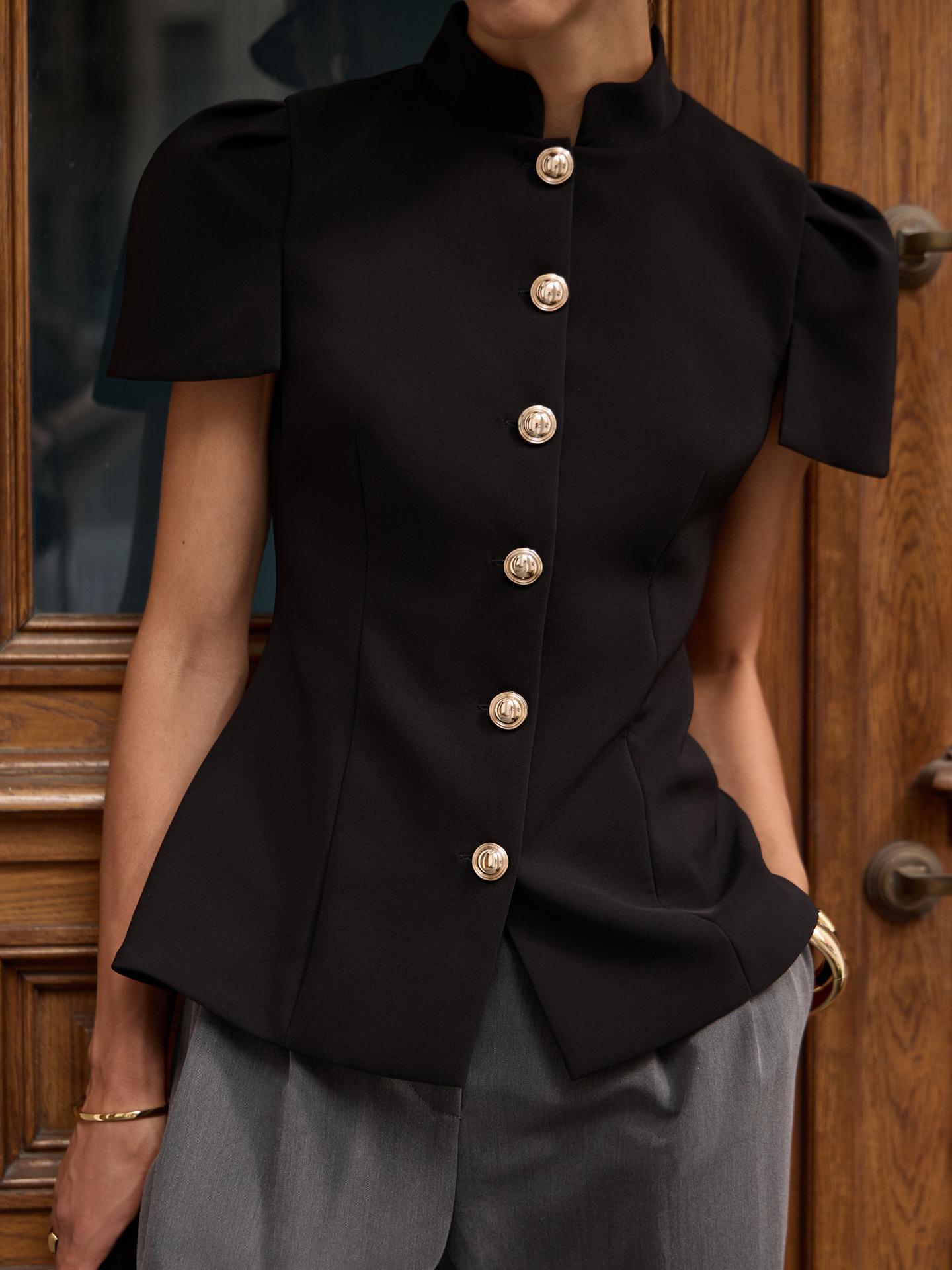 

Spring/Summer 2026: Elegant Women s 3D Design Top with Lantern Sleeves & Metal Buckle XL