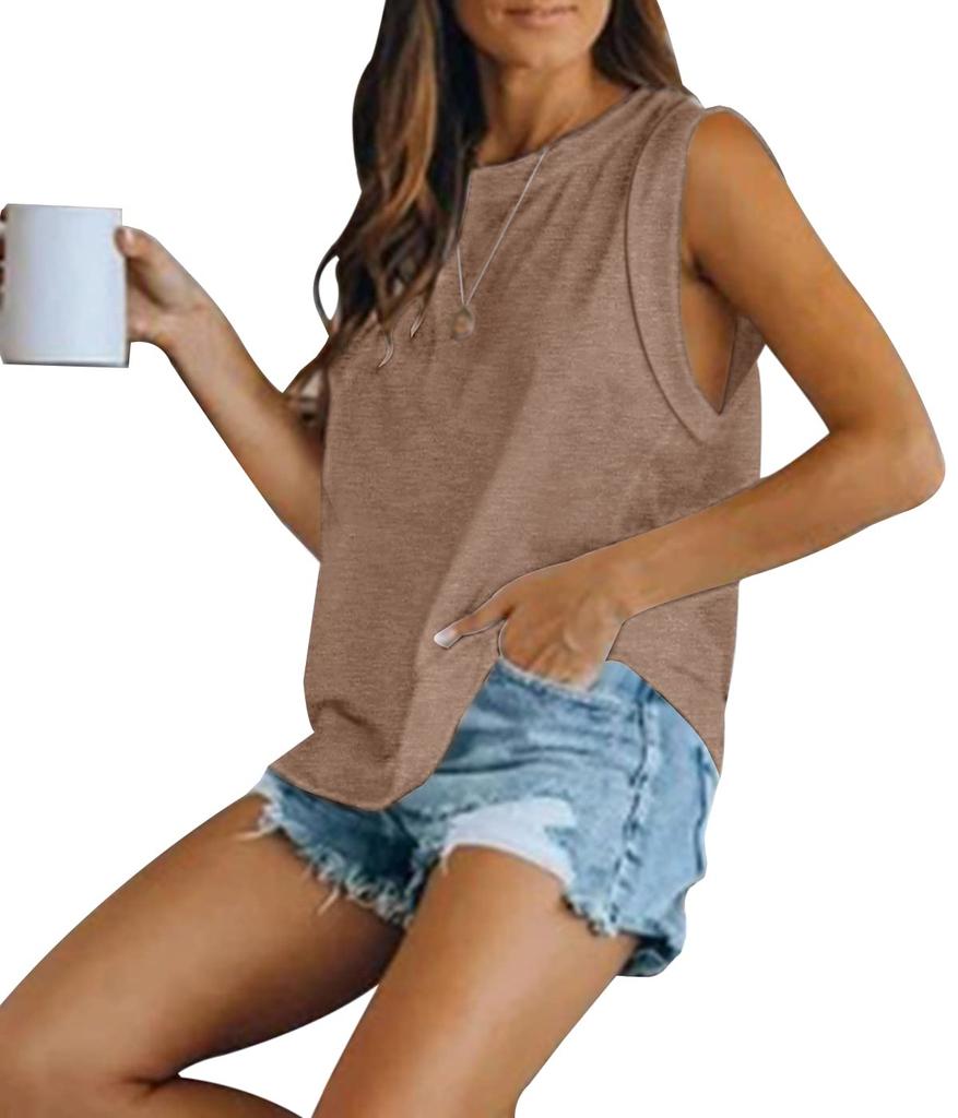 Top de vară fără mâneci pentru femei, cu gât rotund, croială largă, tricou de bază