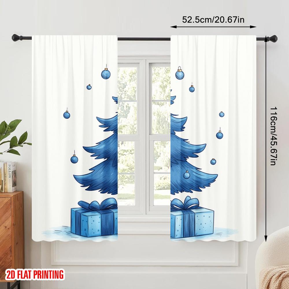 2pcs,2D Plane Printing Print Curtains Blue Christmas Tree Gifts Versatile Durable Polyester (without Rod) Festive Use for Living