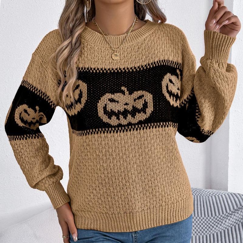 Autumn Winter Halloween Pumpkin Print Pullovers Sweaters Women Long Sleeve Casual Woman Sweater Elegant Round Neck Loose Warm Ladies Knit Jumper 25366