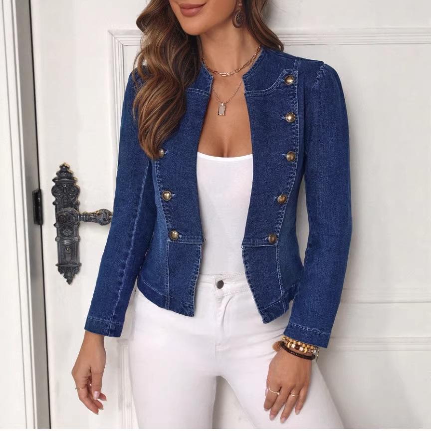 Retro Waist-Cinching Denim Jacket with Button-Up Lapel S синий