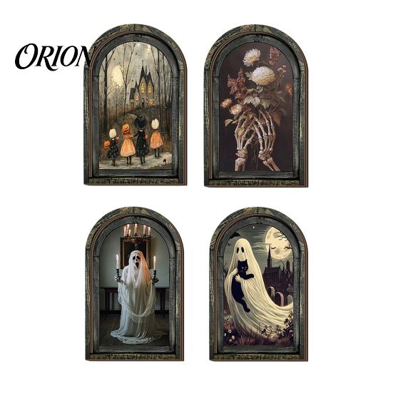 Retro Arched Wooden Picture Frame Halloween Wall Decor, Ghost Cat Hanging Ornament, Distressed Gothic Rustic Wood Sign Tabletop Decor Plaque,