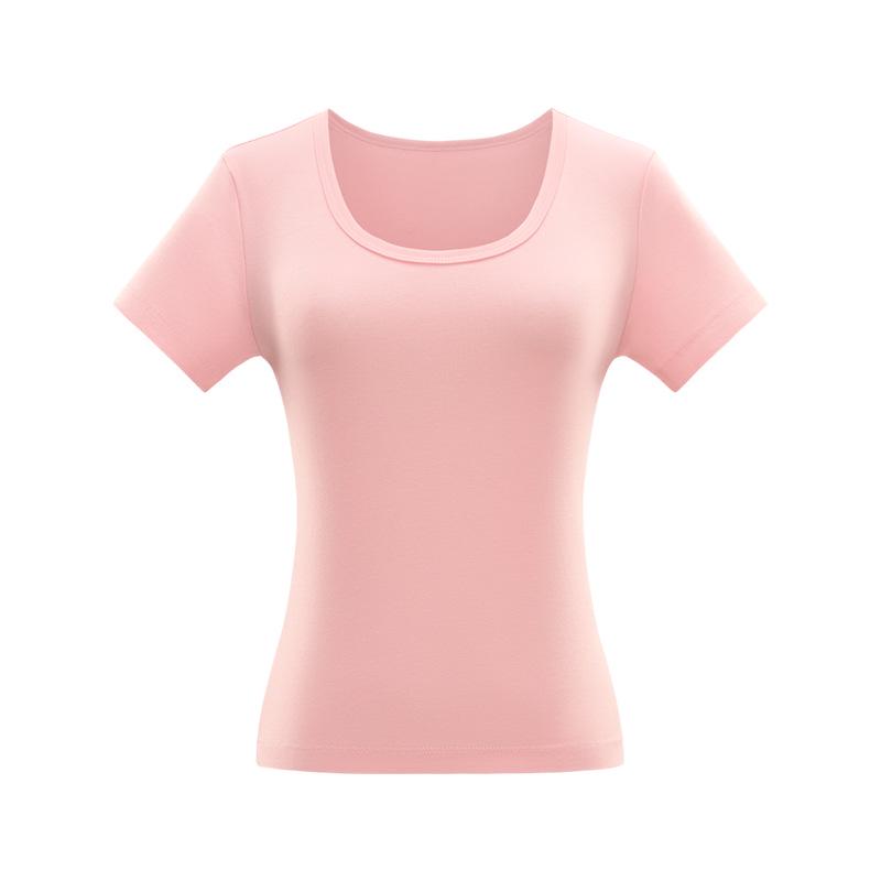 Women's Slim-Fit U-Neck T-Shirt: Trendy Summer 2025 Style, Solid Color, True Shoulder, Elastic, Short Sleeves, Thin Fabric.