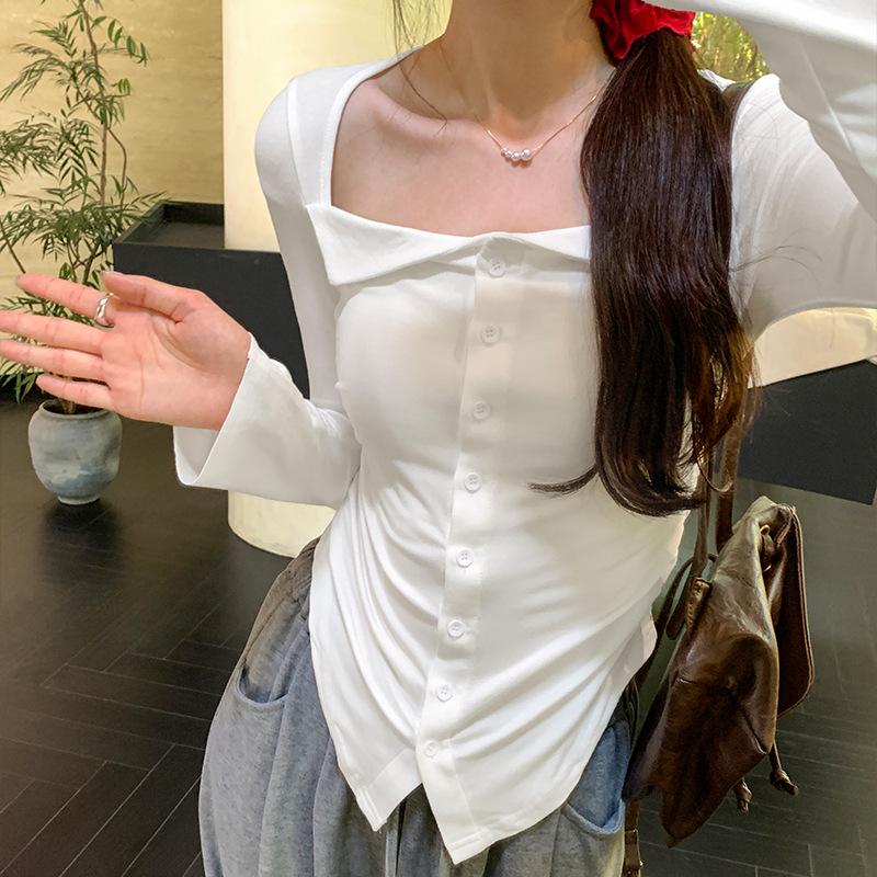 Pure lust style square neck pleated open button long-sleeved T-shirt for women in early autumn thin hot girl irregular slim fit top