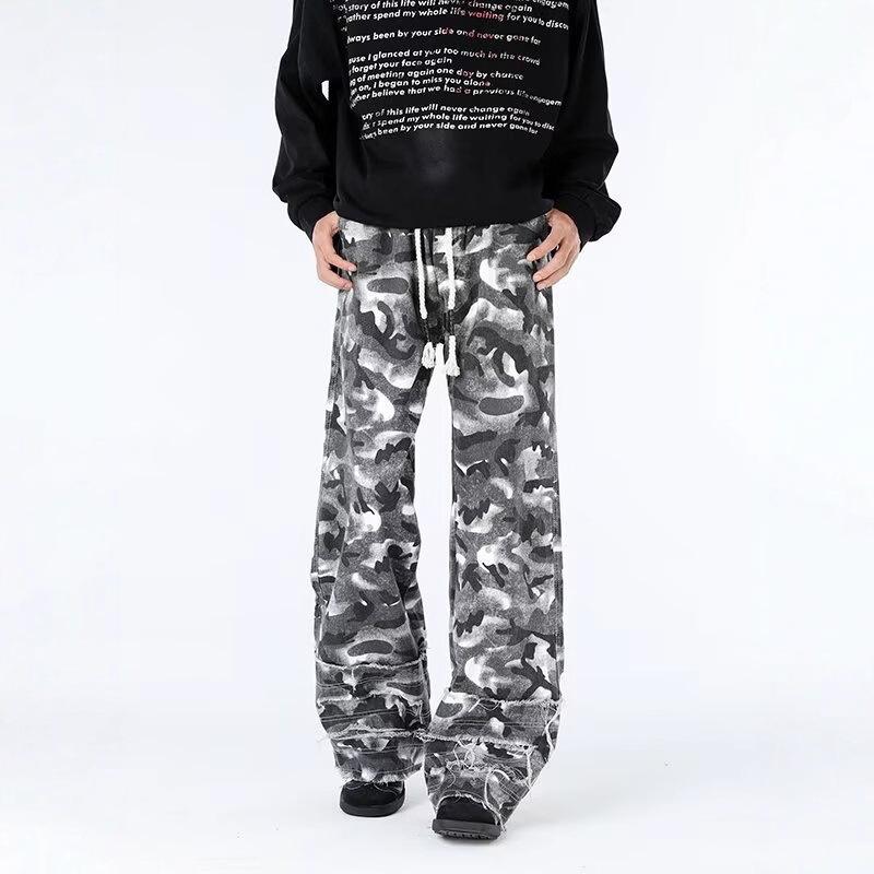 American Retro Dirty Dyed Camouflage Overalls Men's Vibe Trendy High Street Niche Destruction Stacking Wide Leg Casual Pants