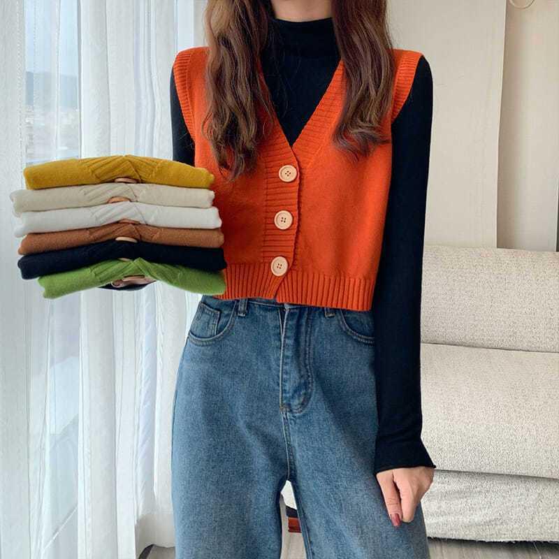 Korean-Style V-Neck Knit Vest for Women - Autumn/Winter Collection