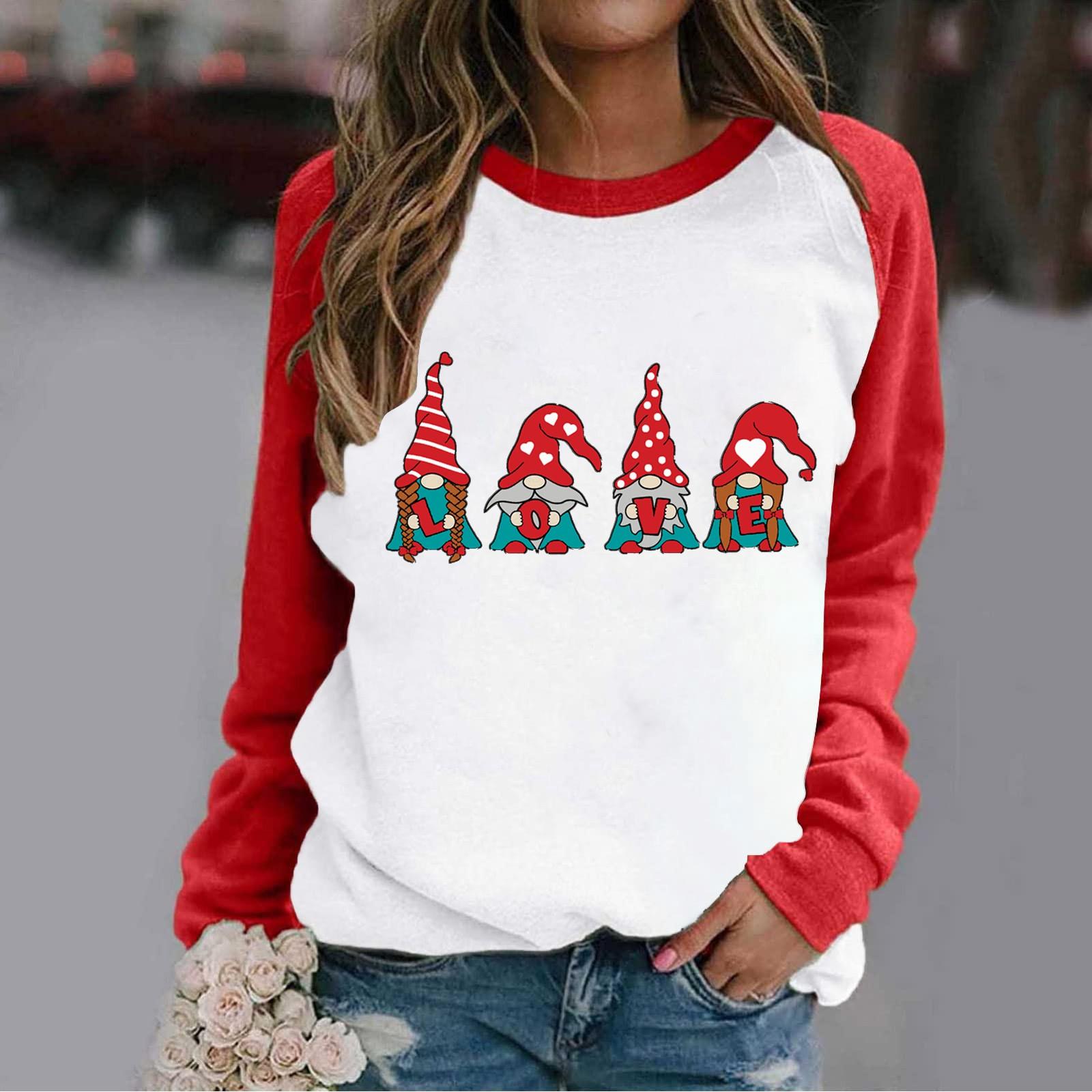 Women s Fashion Casual Print Round Neck Long Sleeve Sweatshirt Loose Sports Pullover XXL красный 1350₽