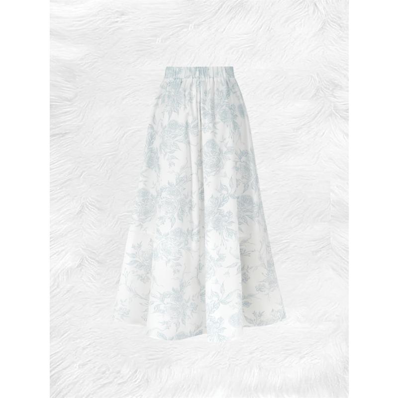 Printed Design Light Blue Sketch Floral Print All-Season Women's Maxi Skirt, Casual Elastic Waist A-Line Half Skirt
