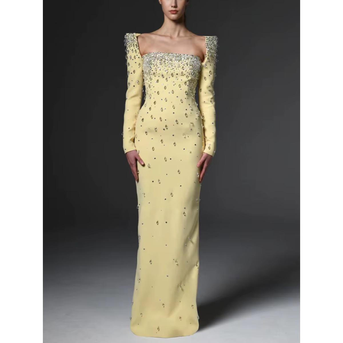 

LYRIA Newest Fashion Designer Vestido Women s Square Collar Beading Diamonds Long Sleeve Maxi Dress XXXL жовтий