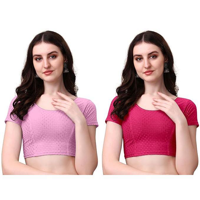 Women’s Cotton Saree Blouse Combo | Ready-to-Wear Round Neck Stitched Blouses | Soft Dobby Stretch Fabric | Party, Festive