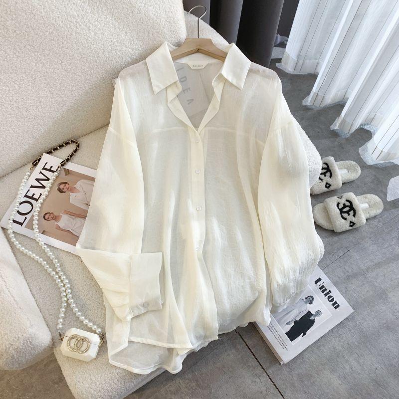 Design Fashion Loose Slightly Transparent Lapel Single-Breasted Idle Style Leisure Drop Shoulder Long Sleeve Shirts Sun Protection Clothing Women