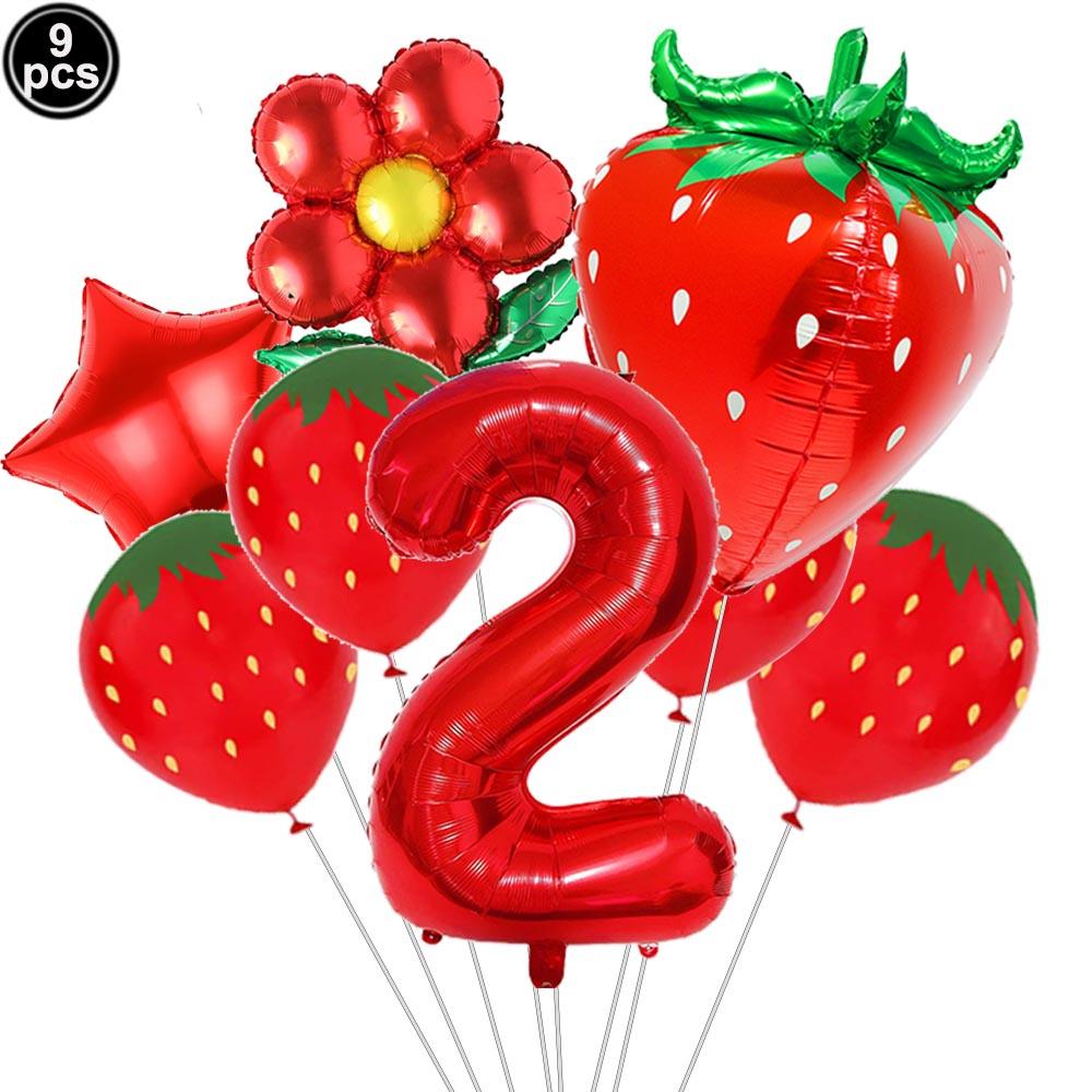 9pcs Strawberry Balloons Kits Birthday Decorations for Girls 32inch 0-9 Number Balloons for Strawberry Birthday Party Decors
