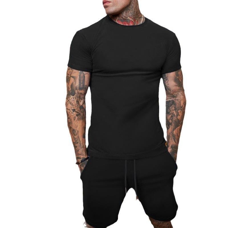 Conjunto de Camiseta de Manga Corta y Pantalones Cortos de Color Sólido para Hombre de Verano - Transpirable y Elegante.