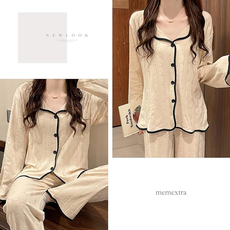 [MEME XTRA] Pajamas Ladies Front Opening Top and Bottom Set Room Wear Room Wear Thin Plain Color Sweat Absorption Ventilation Long Pants Sleeping