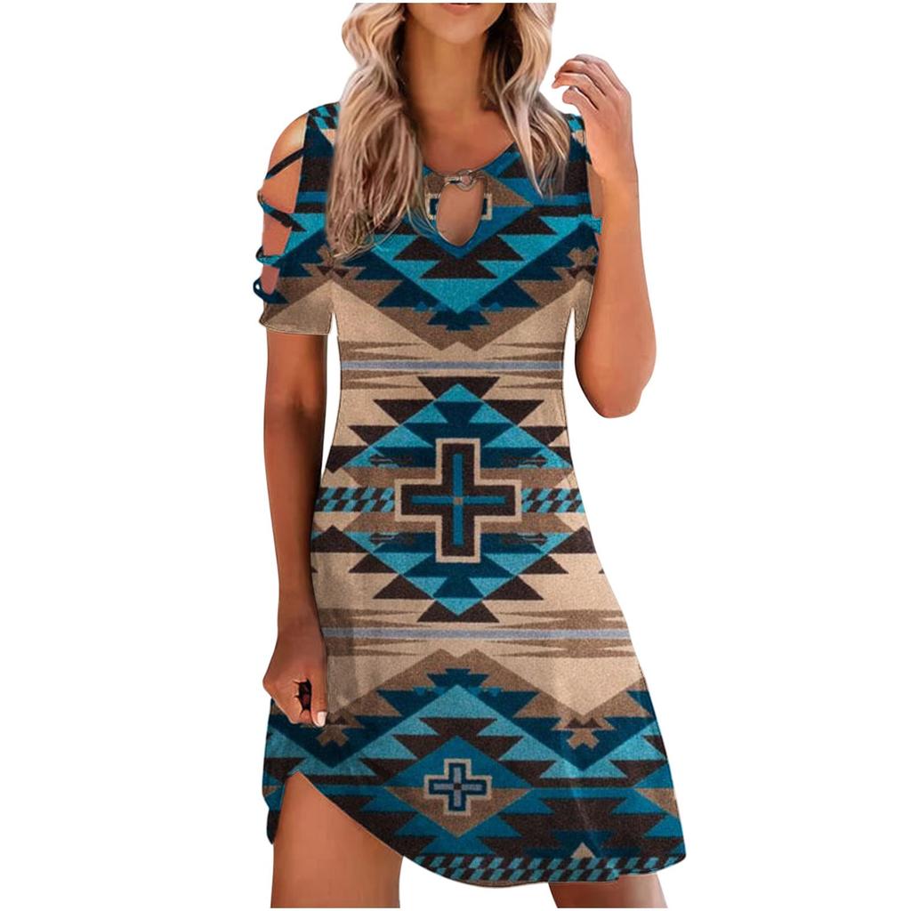 Ladies Casual Vintage Print Round Neck Off Shoulder Short Sleeve Loose Dress