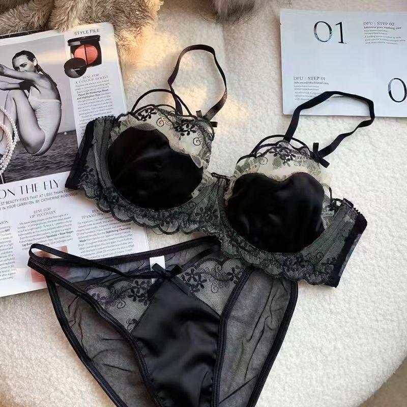 Sexy Pure Lace Half Cup Underwear Women's Small Breasts Gather Anti-sagging No Steel Ring Thin Bra Cover Set New