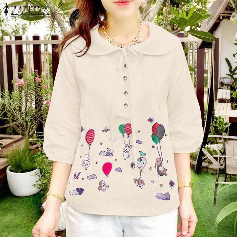 ZANZEA Women Casual Doll Collar Loose 3/4 Sleeve Print Blouse