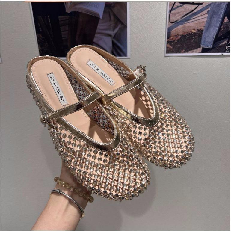 Rhinestone Heightening Baotou Half Slippers Women's 2025 Spring and Summer Outer Wear New Fishing Net Breathable Thick Bottom Sandals