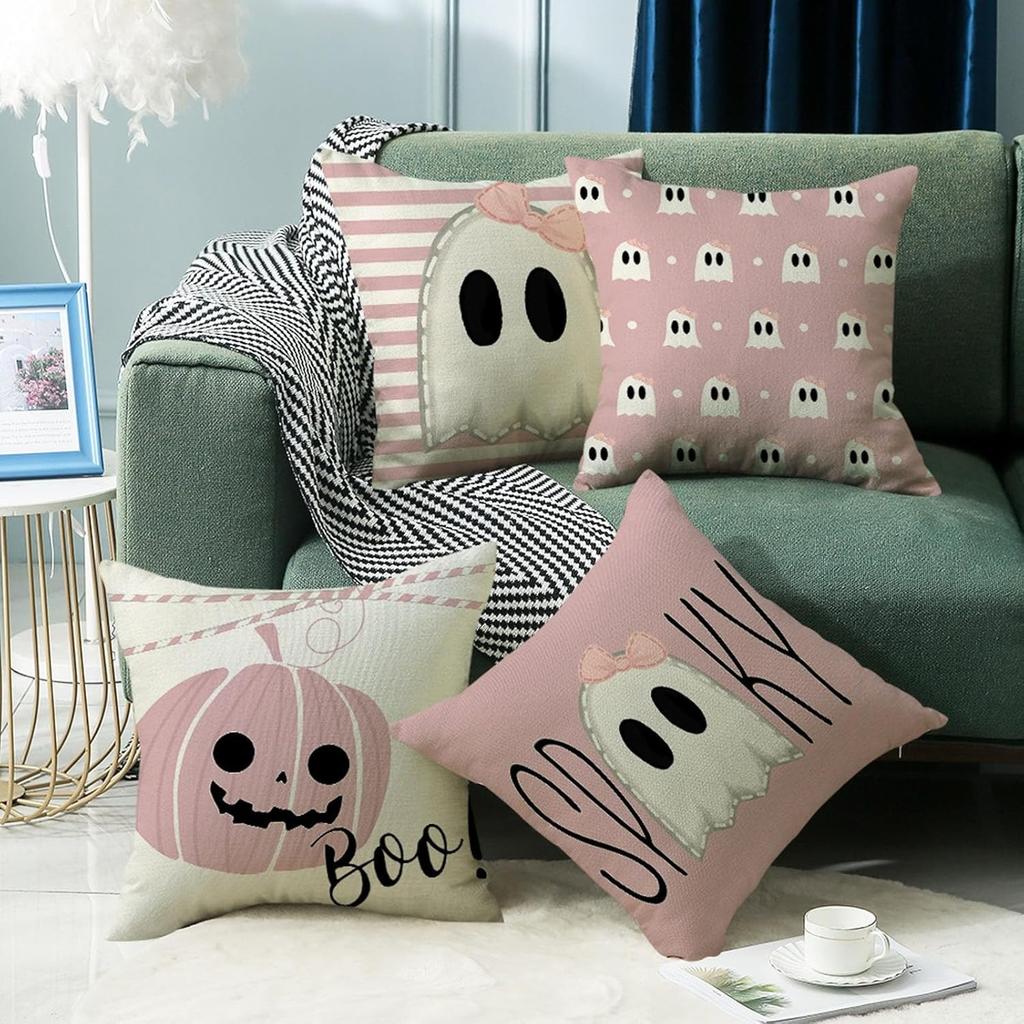 Adorable Pink Halloween Pillowcases: Ghosts, Pumpkins, And Spooky Vibes! Sofa Cushion Cover, Holiday Party Decoration, Gift