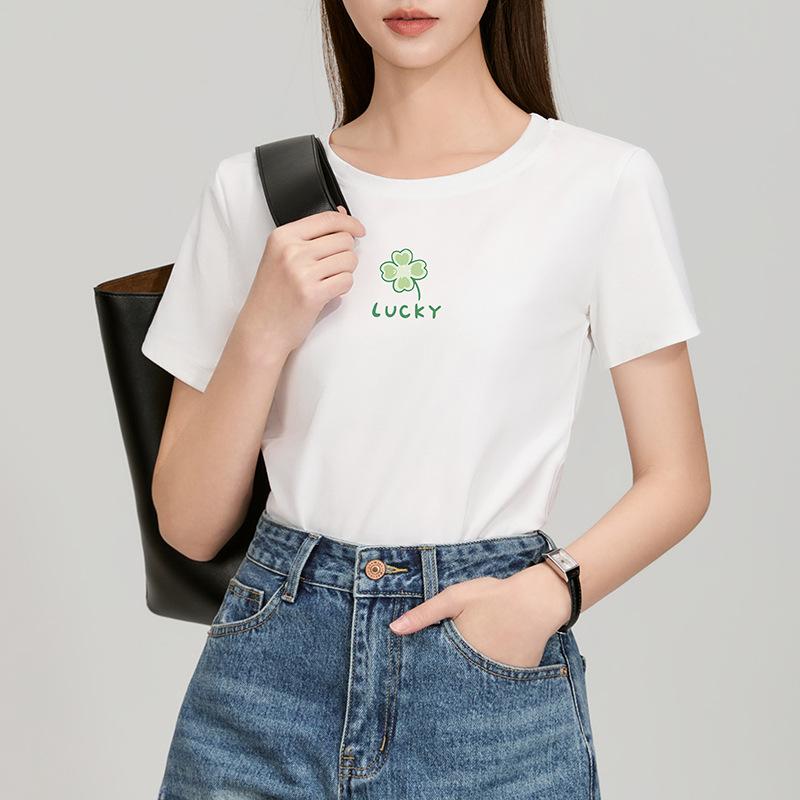 Black Short-sleeved T-shirt for Women New Women's Clothing, Front Shoulders, Round Neck, Small Floral Pattern Printed Base Shirt