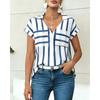 Womens Striped V Neck Short Sleeve Blouse With Pockets Casual Button Down Collared Shirt