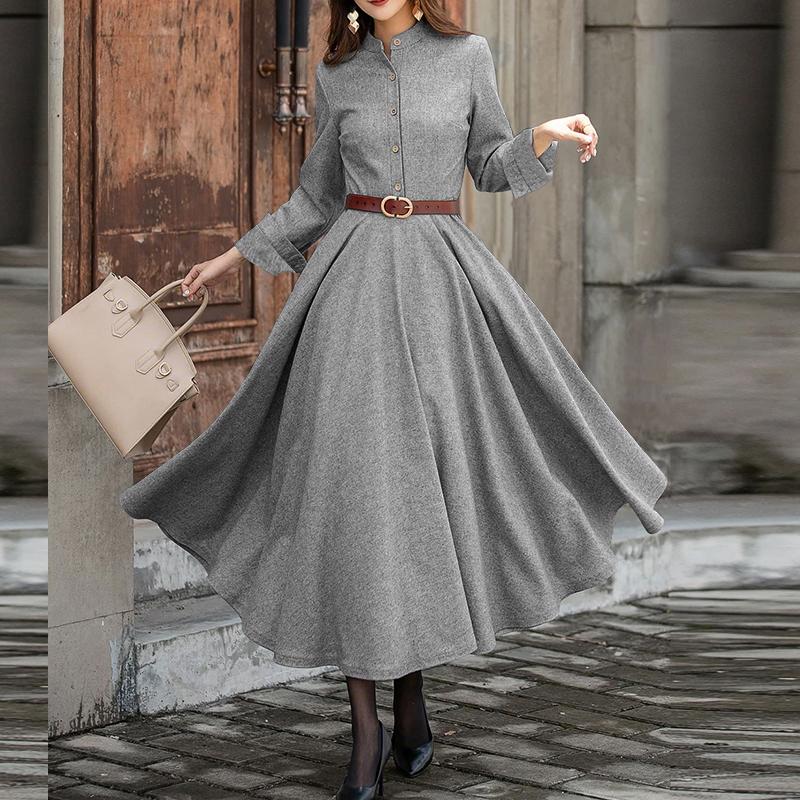 

ZANZEA Женское повседневное платье с длинным рукавом и воротником-стойкой, полностью расклешенное 3XL серый